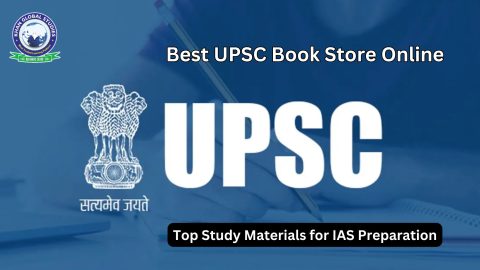 Shelf filled with top UPSC preparation books, including IAS study guides, current affairs magazines, and exam strategy resources at a nearby book store.